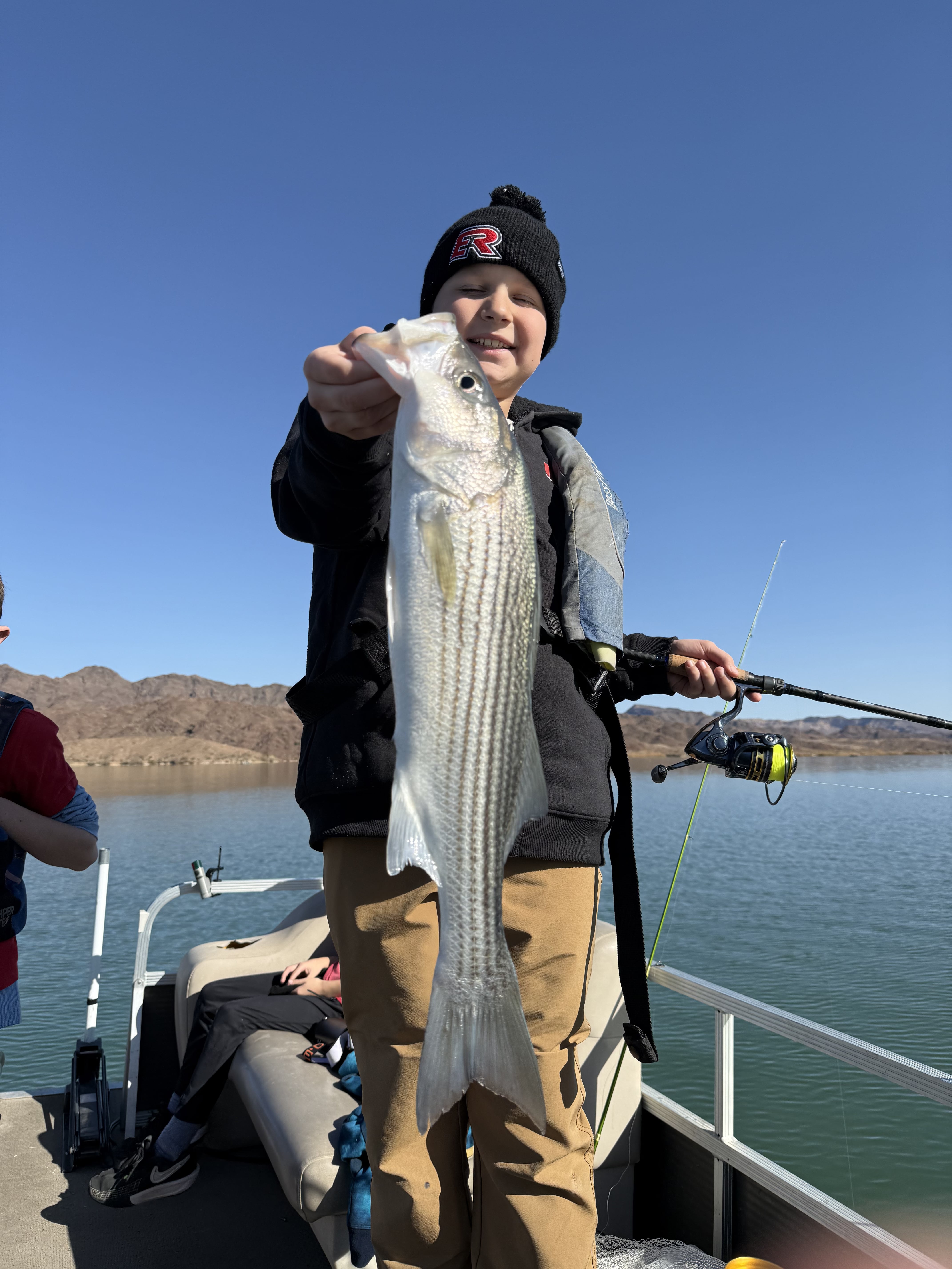 Angler holding a limit of striped bass at the dock